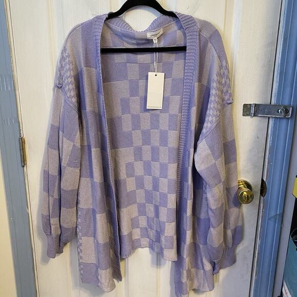 anniewear Sweaters - New Annie wear Women L Purple Checker Long Sleeve Knit Open Cardigan Luxury